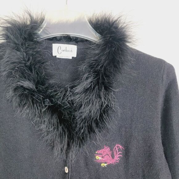 Vintage Y2K Dragon Emblem Carducci Italy Black Rabbit Fur Trim Size M - Picture 3 of 9